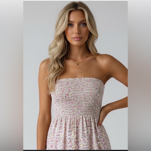 Floral Print Shirred Strapless Ruffle Hem Dress - Picture 2 of 8